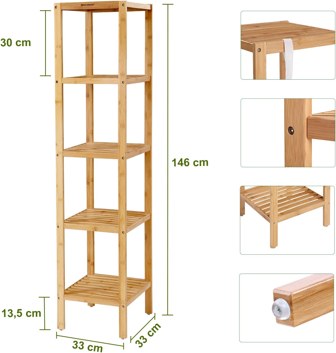 Grande Étagère de Rangement en Bambou 4 Niveaux I Hauteur 146 cm