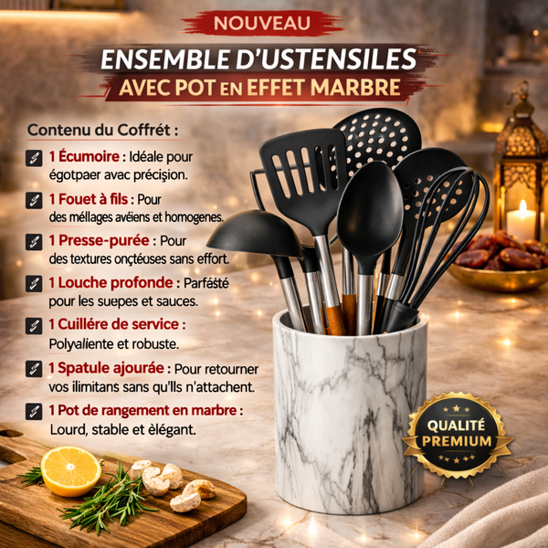 ENSEMBLE D'USTENSILES AVEC POT EN EFFET MARBRE