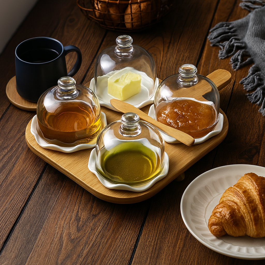 Présentoir en porcelaine avec couvercles en verre