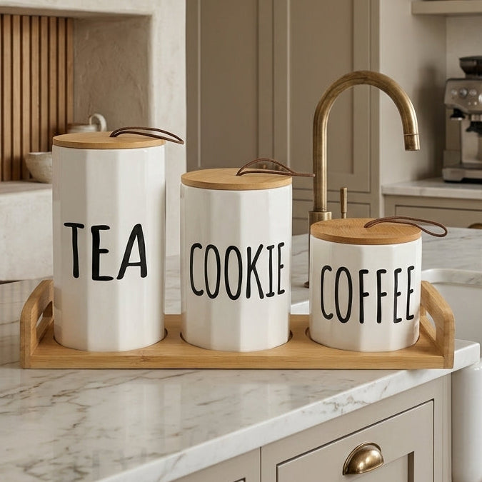 Coffret de 3 pots en porcelaine avec support I Rangement & Déco