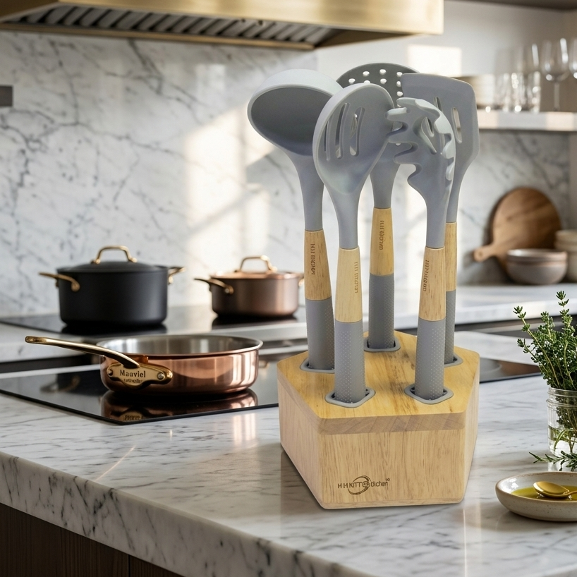 Set de 5 Ustensiles de Cuisine en Bambou Gris