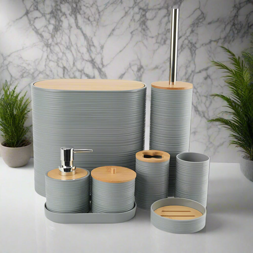 Set De Salle De Bain 8 Pièces En Plastique & Bambou