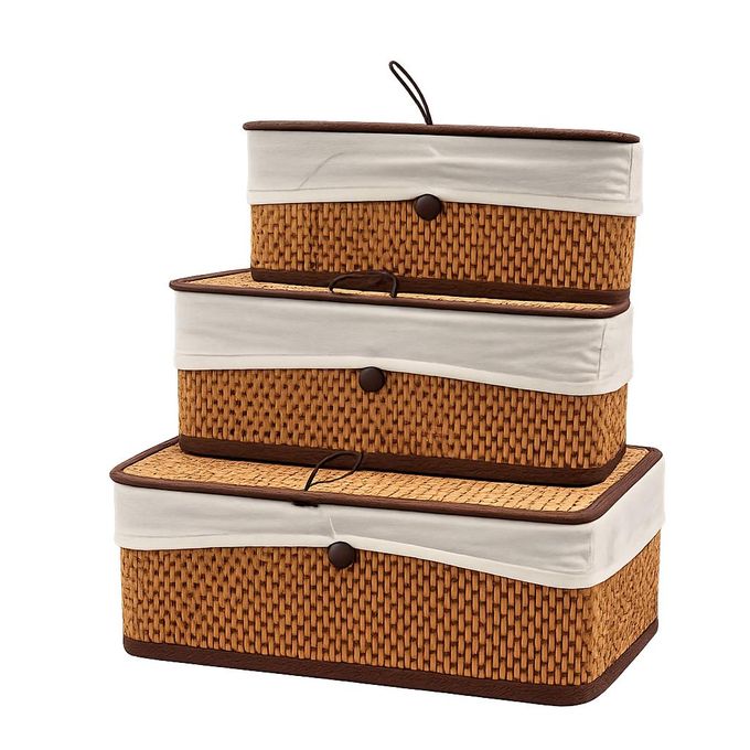 Set 3 Boîtes Bambou et Tissu avec Couvercle I Paniers Décoratifs