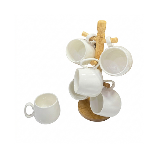 Set de Tasses en Porcelaine avec Support en Bambou