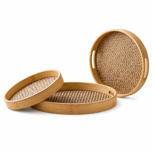 Lot de 3 Plateaux Ronds En Bambou & Tissage Artisanal