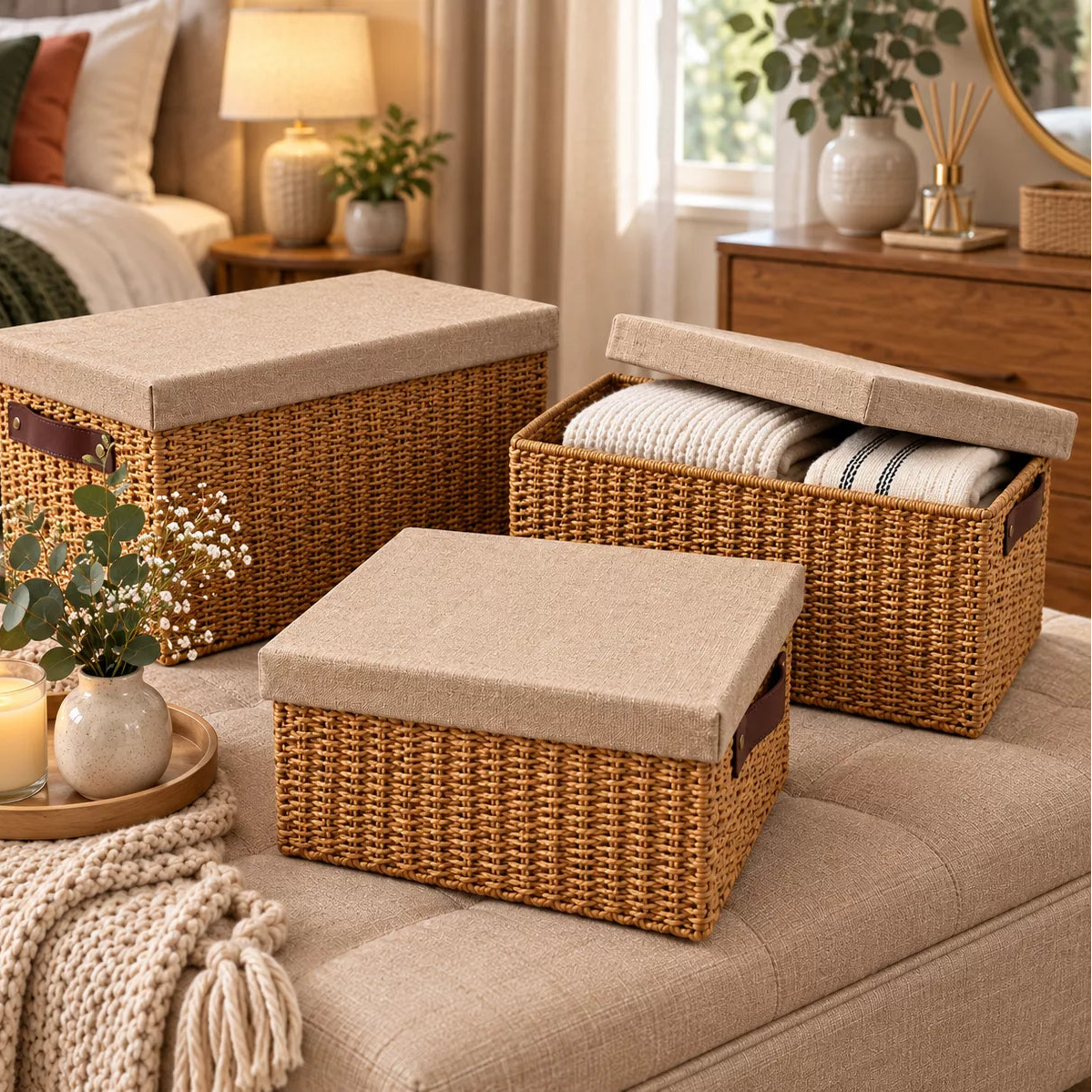 Lots de 3 Paniers de Rangement Tressés avec Couvercle