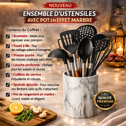ENSEMBLE D'USTENSILES AVEC POT EN EFFET MARBRE