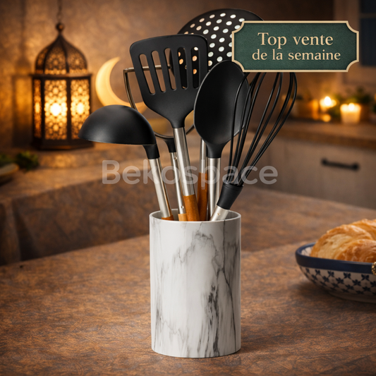 ENSEMBLE D'USTENSILES AVEC POT EN EFFET MARBRE