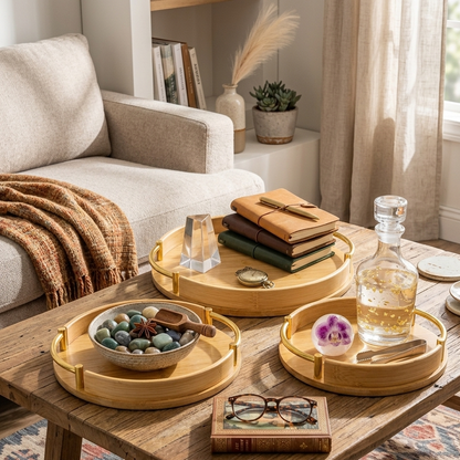Lot de 3 Plateaux Ronds En Bambou avec Poignées Dorée