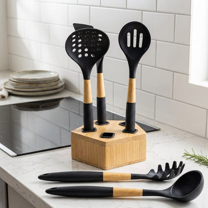 Set de 5 Ustensiles de Cuisine en Bambou Noir