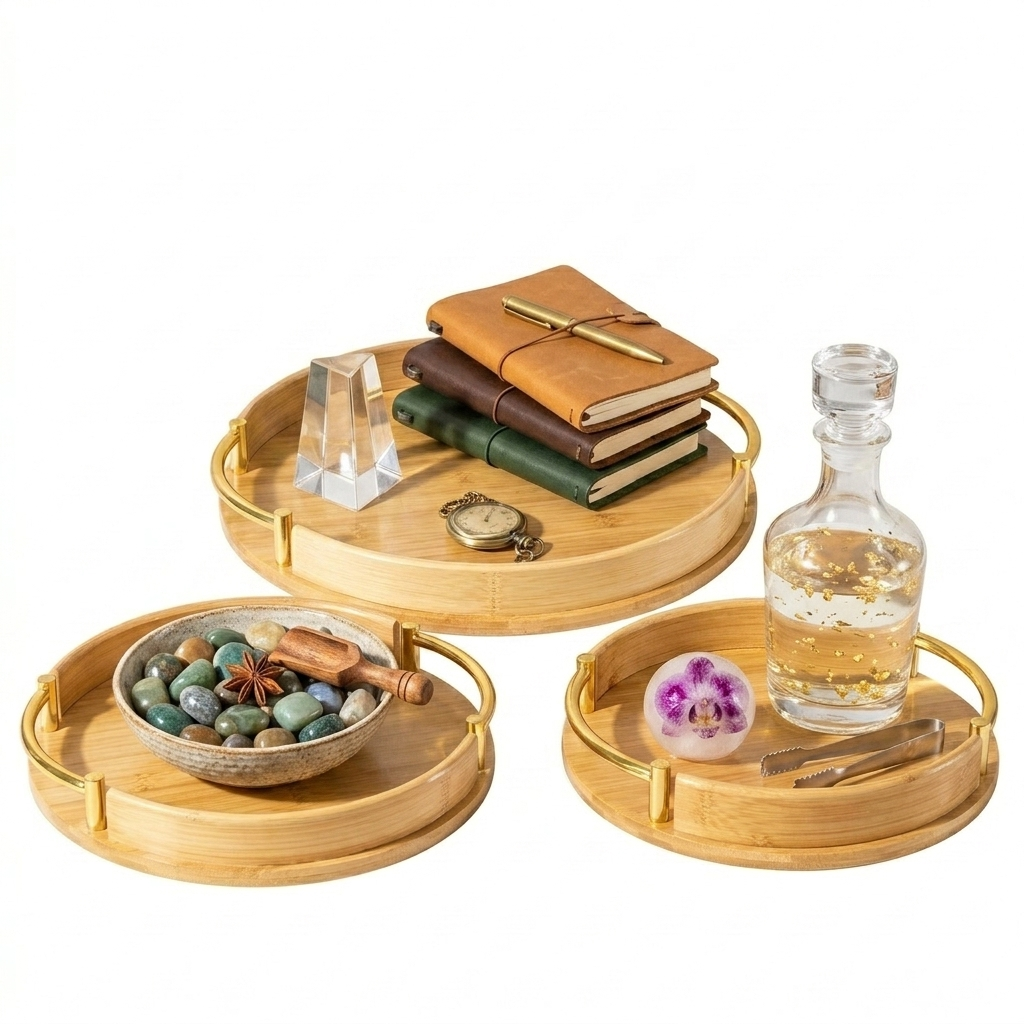 Lot de 3 Plateaux Ronds En Bambou avec Poignées Dorée