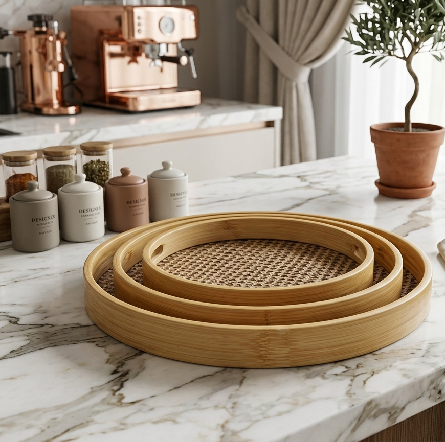 Lot de 3 Plateaux Ronds En Bambou & Tissage Artisanal