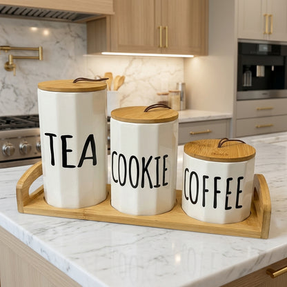 Coffret de 3 pots en porcelaine avec support I Rangement & Déco