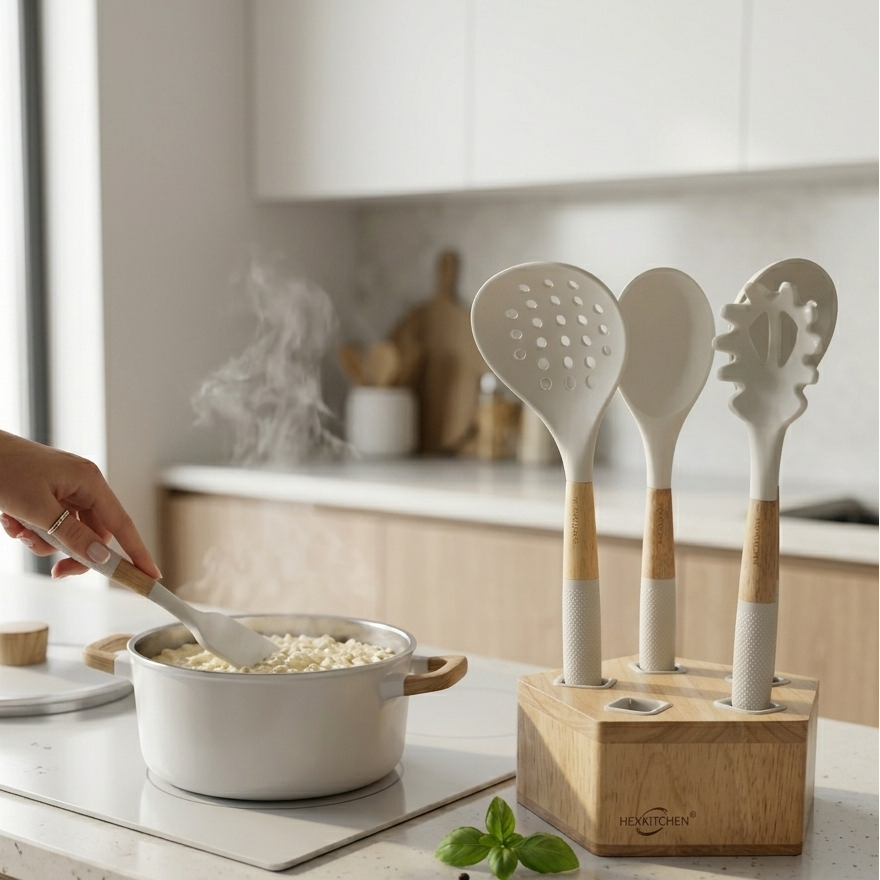Set de 5 Ustensiles de Cuisine en Bambou Blanc