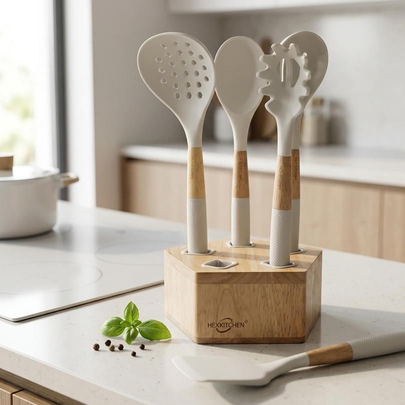 Set de 5 Ustensiles de Cuisine en Bambou Blanc