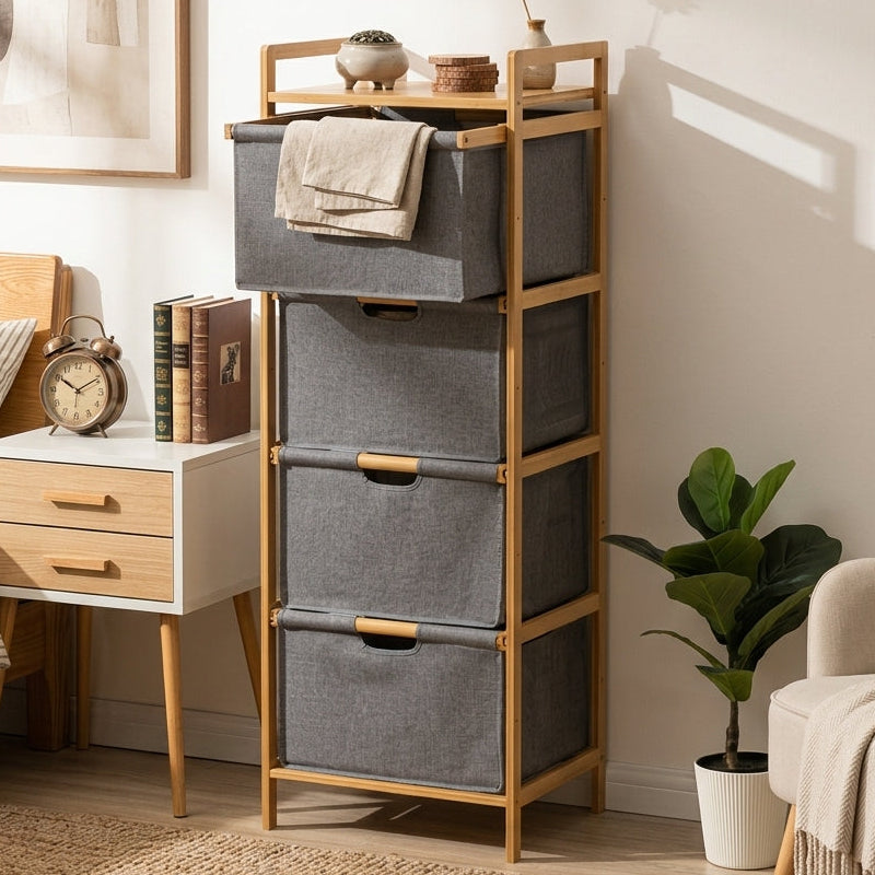 Meuble de Rangement 4 Niveaux en Bambou I Style Scandinave