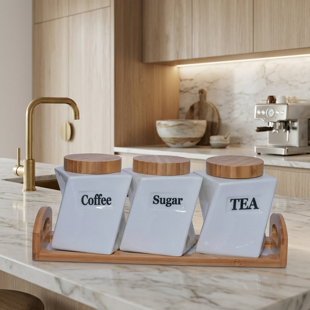 Coffret de 3 pots en porcelaine avec support I Rangement & Déco