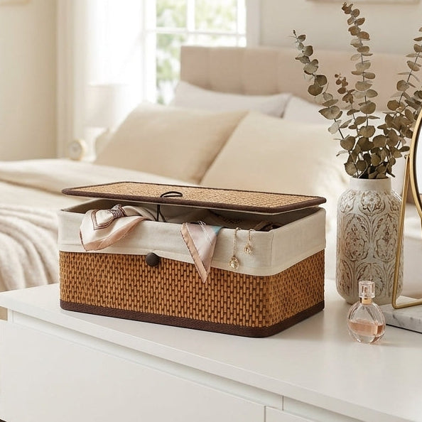 Set 3 Boîtes Bambou et Tissu avec Couvercle I Paniers Décoratifs