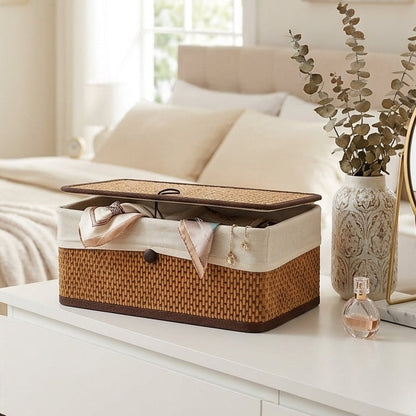 Set 3 Boîtes Bambou et Tissu avec Couvercle I Paniers Décoratifs
