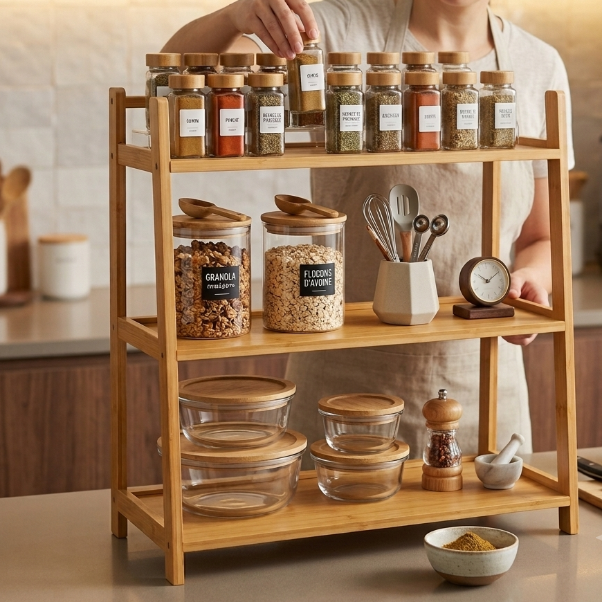 Étagère Multifonctions en Bambou Naturel I Design Épuré & Naturel
