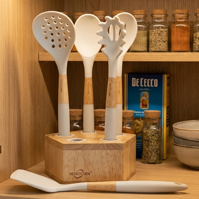 Set de 5 Ustensiles de Cuisine en Bambou Blanc