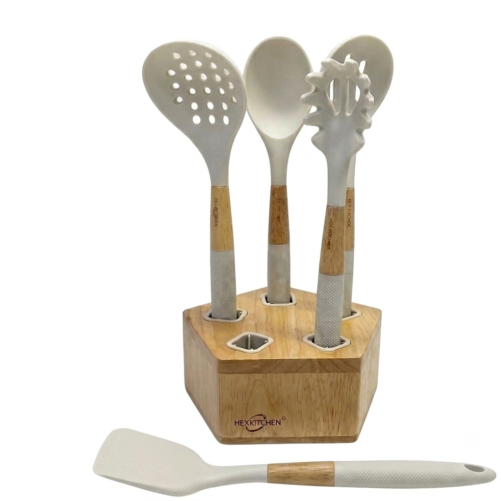 Set de 5 Ustensiles de Cuisine en Bambou Blanc