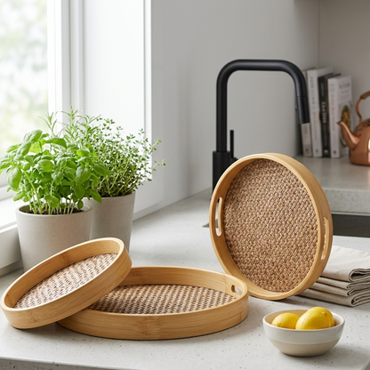 Lot de 3 Plateaux Ronds En Bambou & Tissage Artisanal
