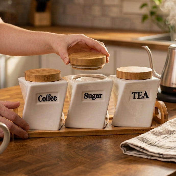 Coffret de 3 pots en porcelaine avec support I Rangement & Déco