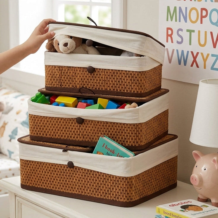 Set 3 Boîtes Bambou et Tissu avec Couvercle I Paniers Décoratifs