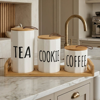 Coffret de 3 pots en porcelaine avec support I Rangement & Déco