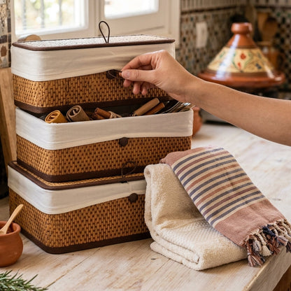 Set 3 Boîtes Bambou et Tissu avec Couvercle I Paniers Décoratifs