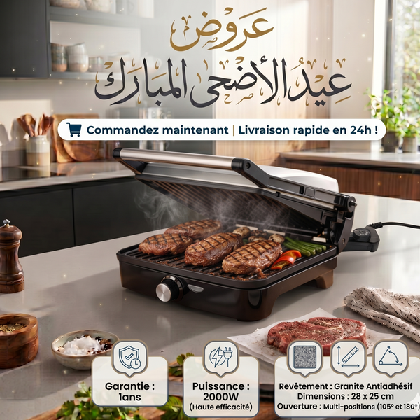 Presse-Panini & Grill Barbecue 2000W I Revêtement Granite Antiadhésif