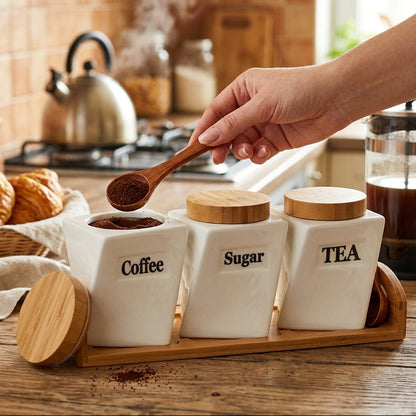 Coffret de 3 pots en porcelaine avec support I Rangement & Déco
