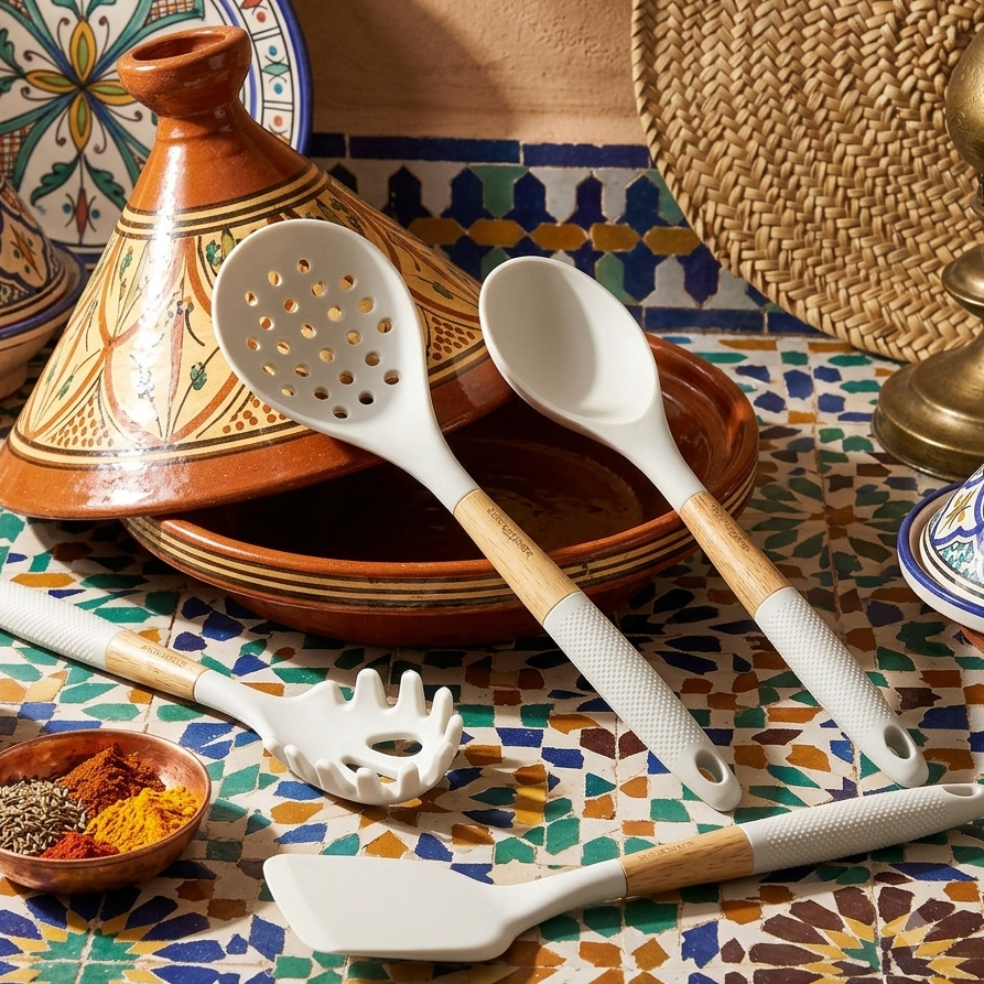 Set de 5 Ustensiles de Cuisine en Bambou Blanc