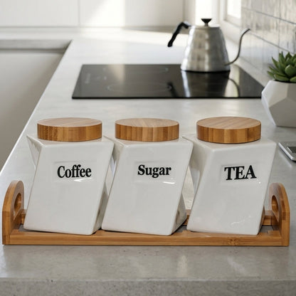 Coffret de 3 pots en porcelaine avec support I Rangement & Déco