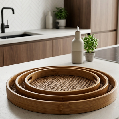 Lot de 3 Plateaux Ronds En Bambou & Tissage Artisanal