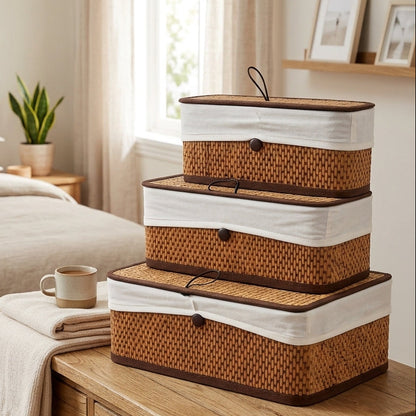 Set 3 Boîtes Bambou et Tissu avec Couvercle I Paniers Décoratifs