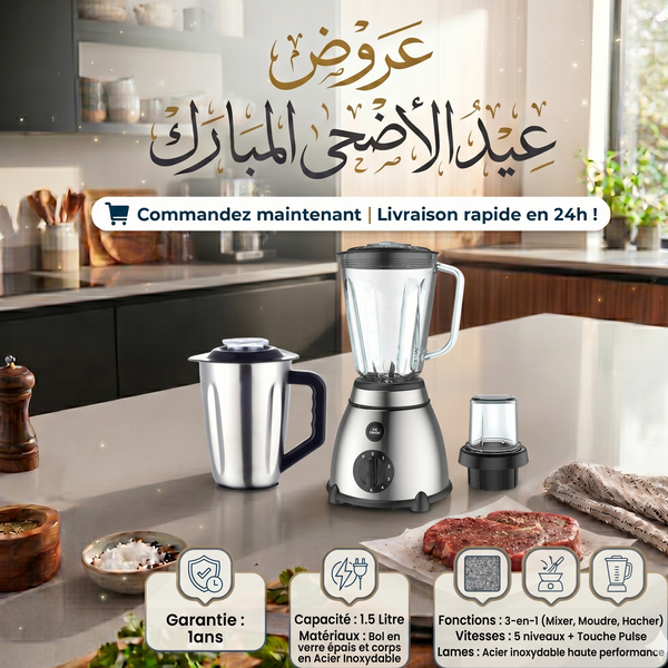 Mixeur Blender 3-en-1 I Bol en Verre 1.5L