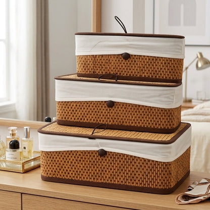 Set 3 Boîtes Bambou et Tissu avec Couvercle I Paniers Décoratifs