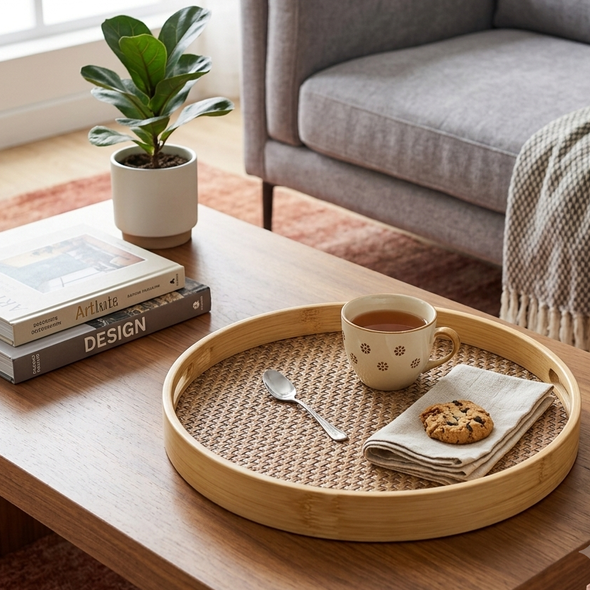 Lot de 3 Plateaux Ronds En Bambou & Tissage Artisanal