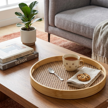 Lot de 3 Plateaux Ronds En Bambou & Tissage Artisanal