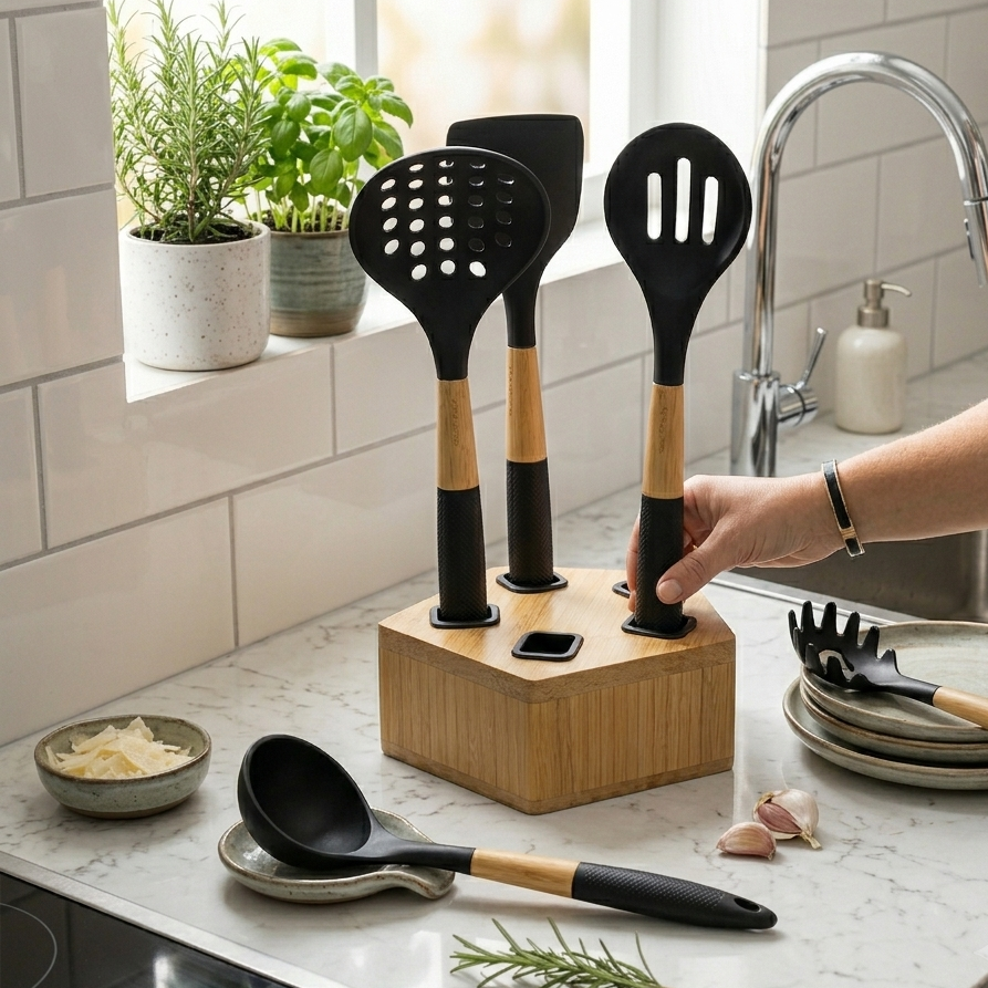 Set de 5 Ustensiles de Cuisine en Bambou Noir