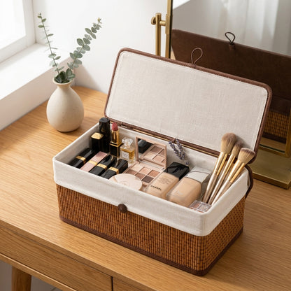 Set 3 Boîtes Bambou et Tissu avec Couvercle I Paniers Décoratifs