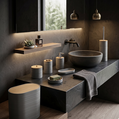 Set De Salle De Bain 8 Pièces En Plastique & Bambou
