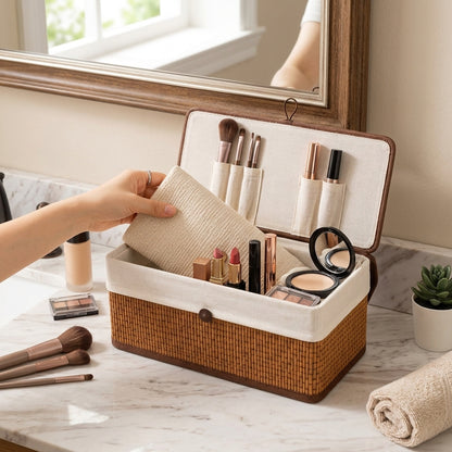 Set 3 Boîtes Bambou et Tissu avec Couvercle I Paniers Décoratifs