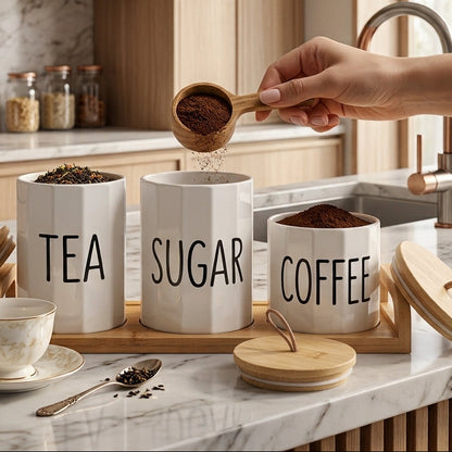 Coffret de 3 pots en porcelaine avec support I Rangement & Déco