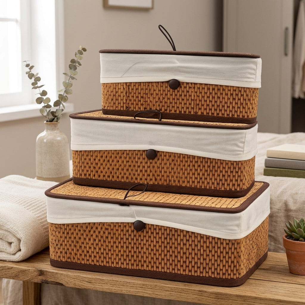 Set 3 Boîtes Bambou et Tissu avec Couvercle I Paniers Décoratifs