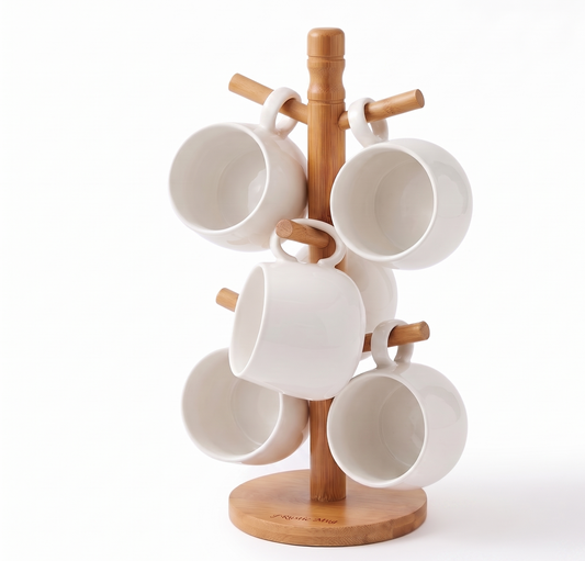 Set de 6 Tasses en Porcelaine avec Support en Bambou