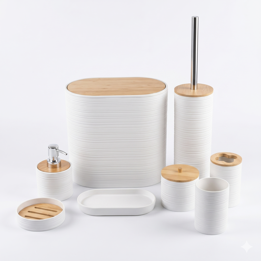 Set De Salle De Bain 8 Pièces En Plastique & Bambou