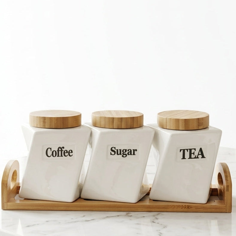 Coffret de 3 pots en porcelaine avec support I Rangement & Déco